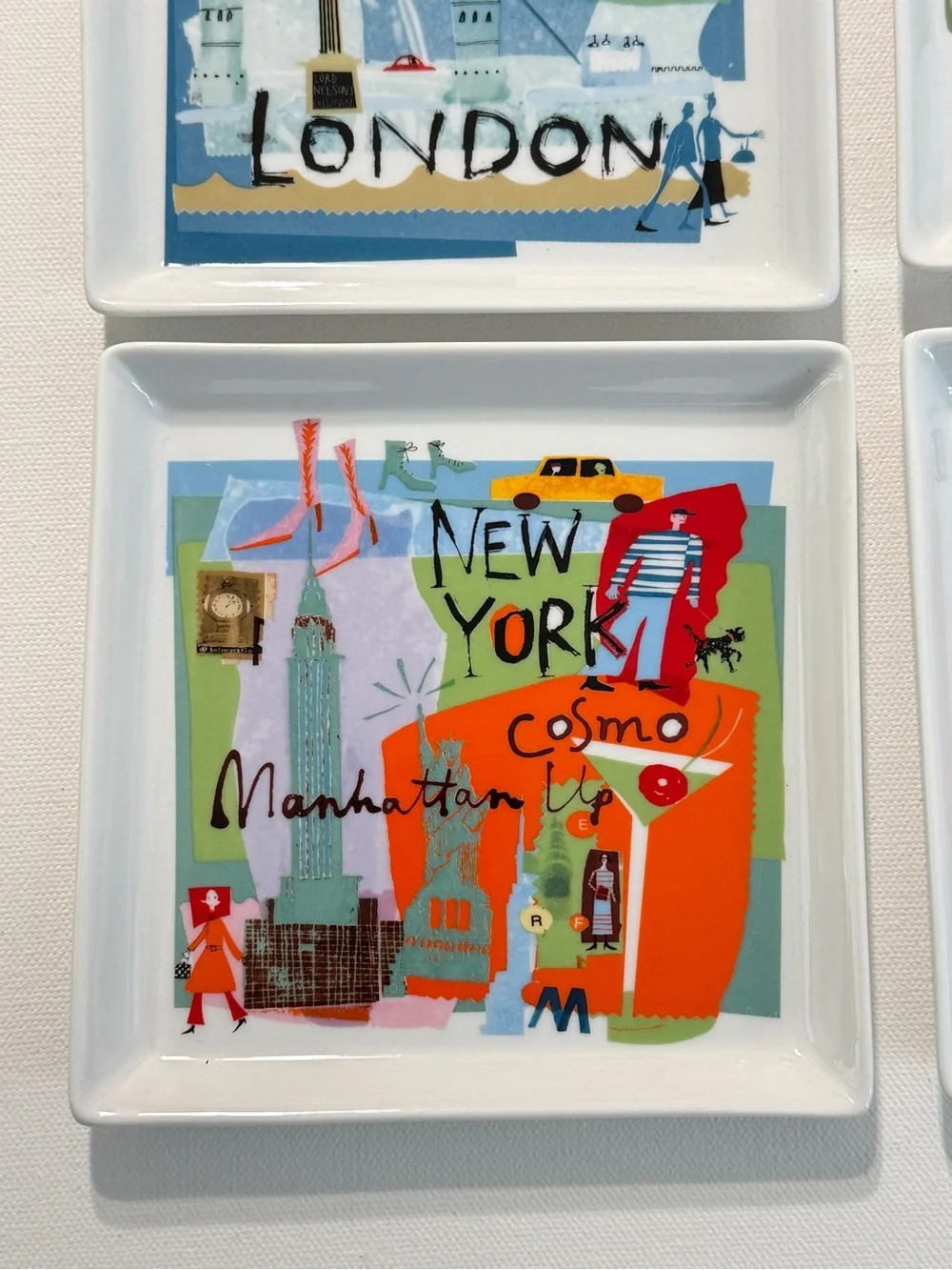 Set of 6 Square Crate & Barrel Travel Canape Plates ~ World Cities